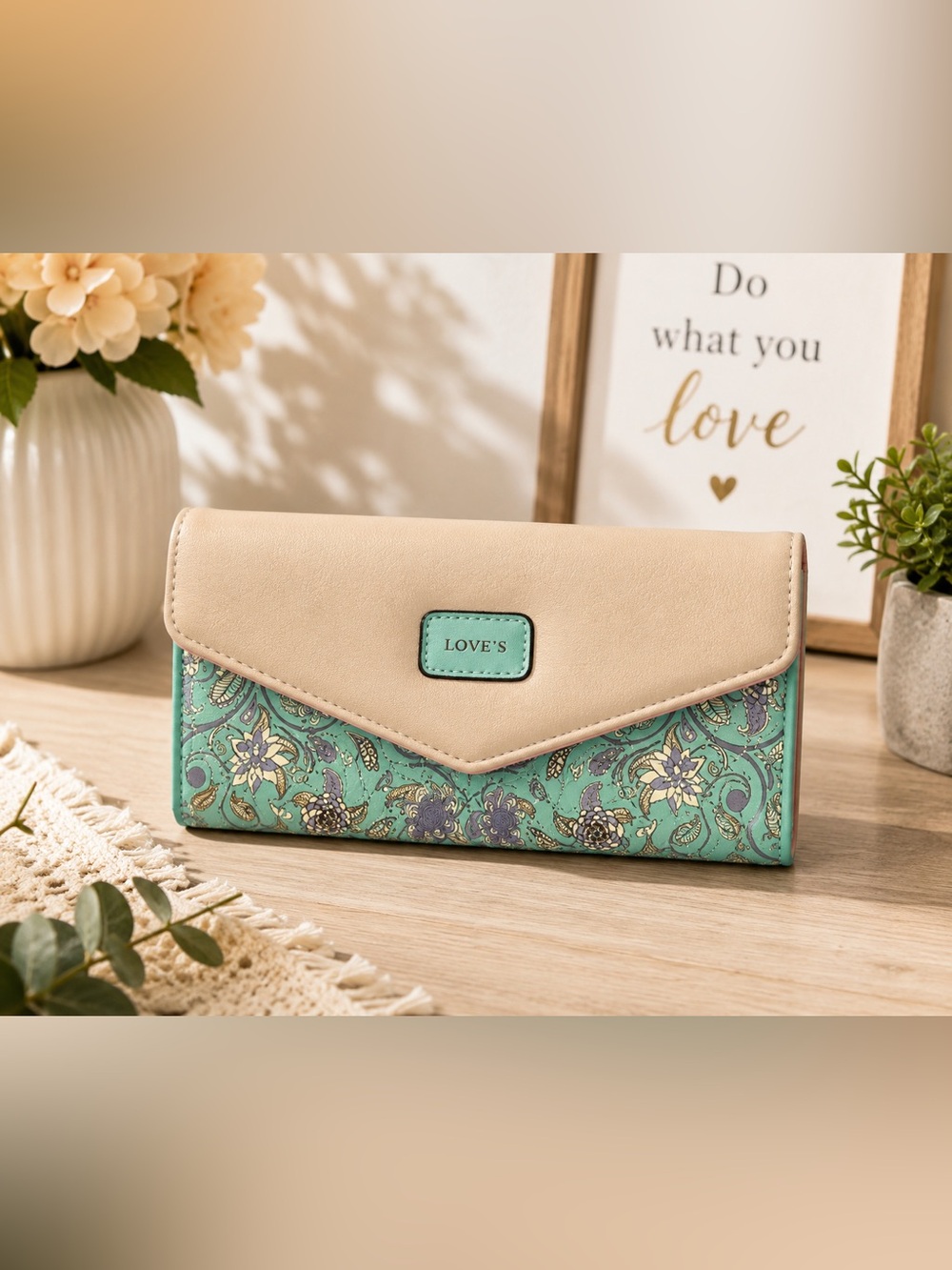 LOVEโS Trifold Envelope Wallet Clutch โ Mint Green Floral Paisley Print